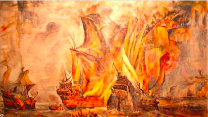 Le combat de la Cordelière, Mairie du Conquet. Huile sur toile d'Anne Cadiou.