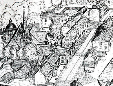La Martyre avec la maison du guet au premier plan - dessin de Fons de Kort La Martyre