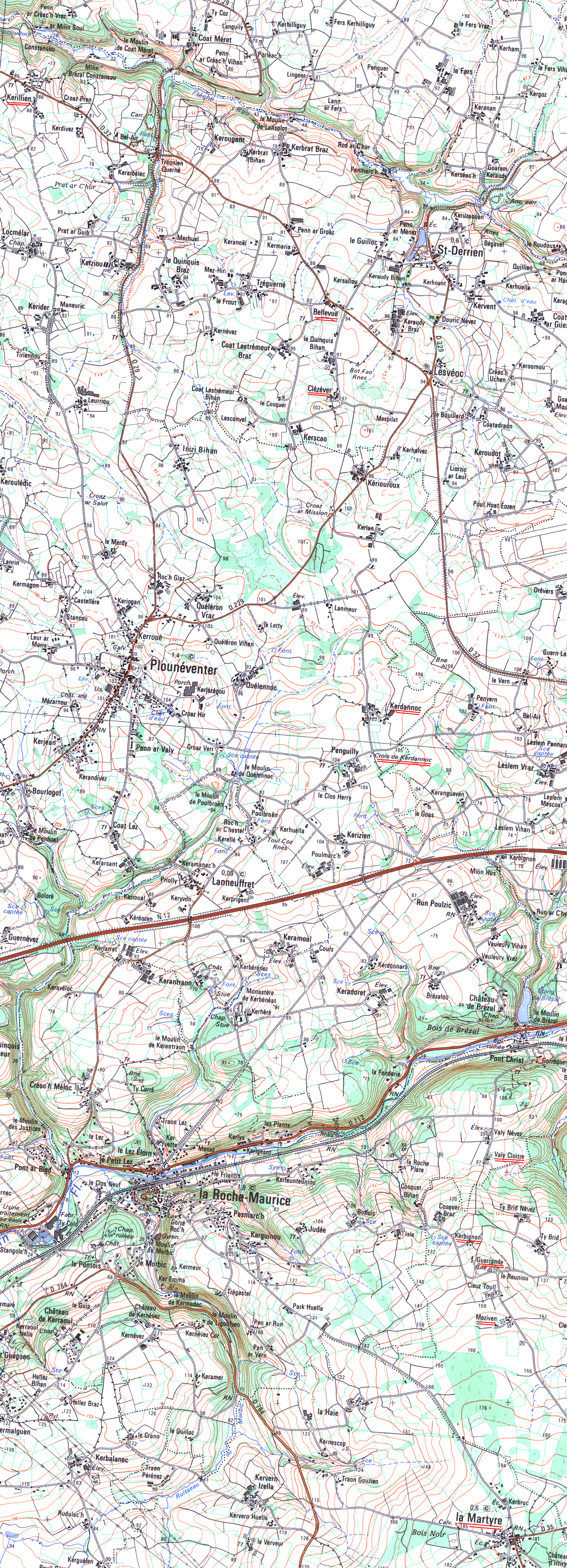 Carte IGN du nord de Plouneventer au bourg de La Martyre carte IGN