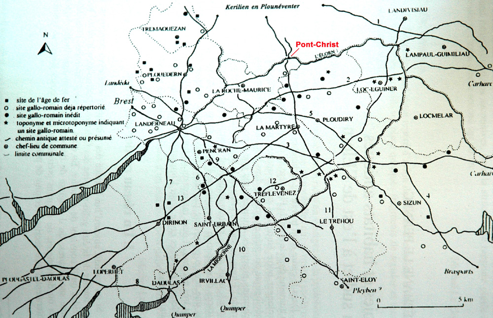 Carte des voies antiques au sud et à l'est de l'Elorn - Stéphane Le Pennec piste gauloise