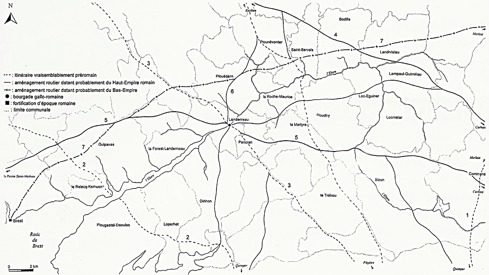Carte des voies antiques au sud et à l'est de l'Elorn - Stéphane Le Pennec