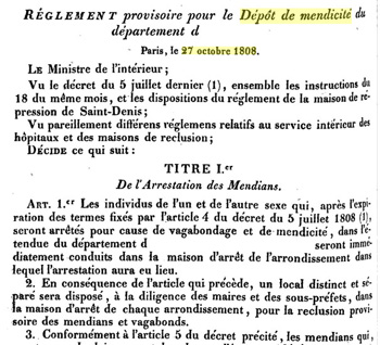 Règlement des dépôts de mendicité du 27 octobre 1808