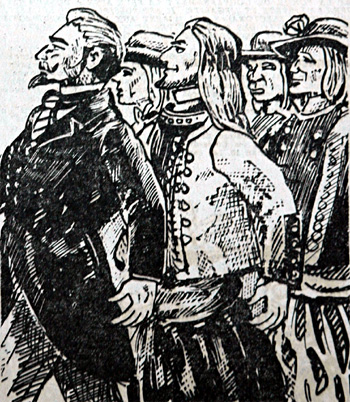 On vit, à Morlaix, M. de Champagny conduire ses fermiers au scrutin militairement. Dessin de Jim Sevellec.