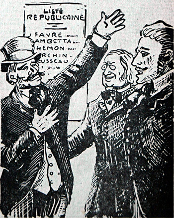 Sur la liste républicaine figuraient Jules Favre et Gambetta. Dessin de Jim Sevellec.