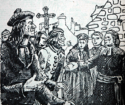 C'est le coeur gros que l'abbé de Marc'hallac'h quitta les insulaires des Glénans. Dessin de Jim Sevellec.