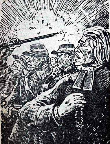 En 1870, l'abbé de Marc'hallac'h accompagna les mobiles du Finistère qu'il encourageait au combat. Dessin de Jim Sevellec.