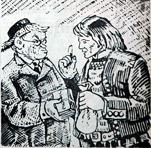 Les agents monarchistes passaient dans les communes et prenaient livraison des bulletins de vote et payaient un sou les deux bulletins. Dessin de Jim Sevellec.