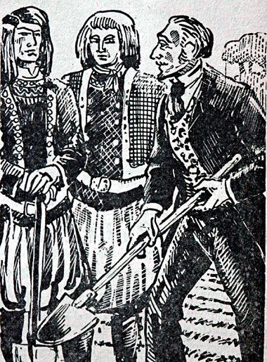 Le comte de Saint-Luc prenait volontiers la pelle ou la pioche pour enseigner aux paysans les meilleures façons culturales. Dessin de Jim Sevellec.