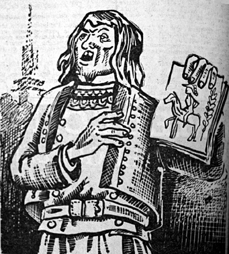 En Bretagne, des chanteurs ambulants, grassement payés, chantaient les mérites du général Boulanger. Dessin de Jim Sevellec.