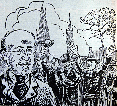 La campagne électorale d'Albert de Mun dans le Léon fut une promenade triomphale. Dessin de Jim Sevellec.