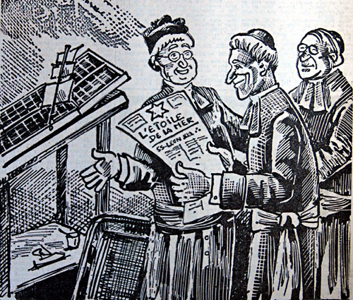 Des prêtres du Léon avaient créé, pour soutenir la politique du ralliement, un journal tri-hebdomadaire 'Etoile de la mer'. Dessin de Jim Sevellec.