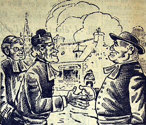A l'entrée de chaque paroisse, l'abbé Gayraud trouvait le clergé accouru pour l'escorter dans ses tournées. Dessin de Jim Sevellec.