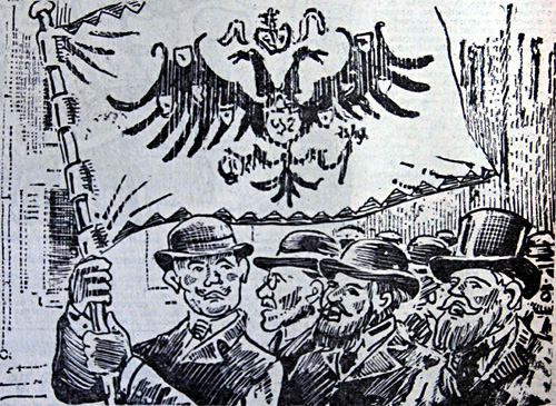 En tête marchait un jeune homme portant le drapeau des tsars. Dessin de Jim Sevellec.