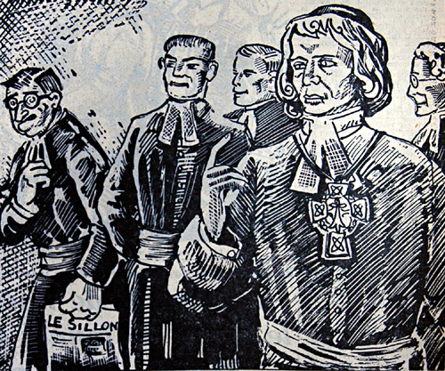 Mgr Duparc déclara après une visite à Rome que le Sillon ouvrait la voie à la lutte des classes. Dessin de Jim Sevellec.