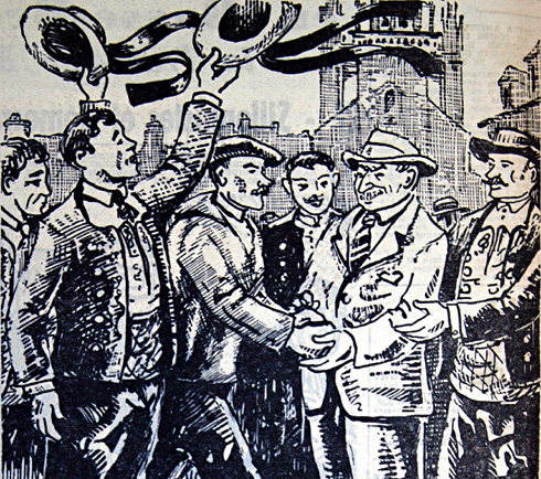 Les 'Plougastellis' donnèrent à Paul Simon un nombre de suffrages accru. Dessin de Jim Sevellec.