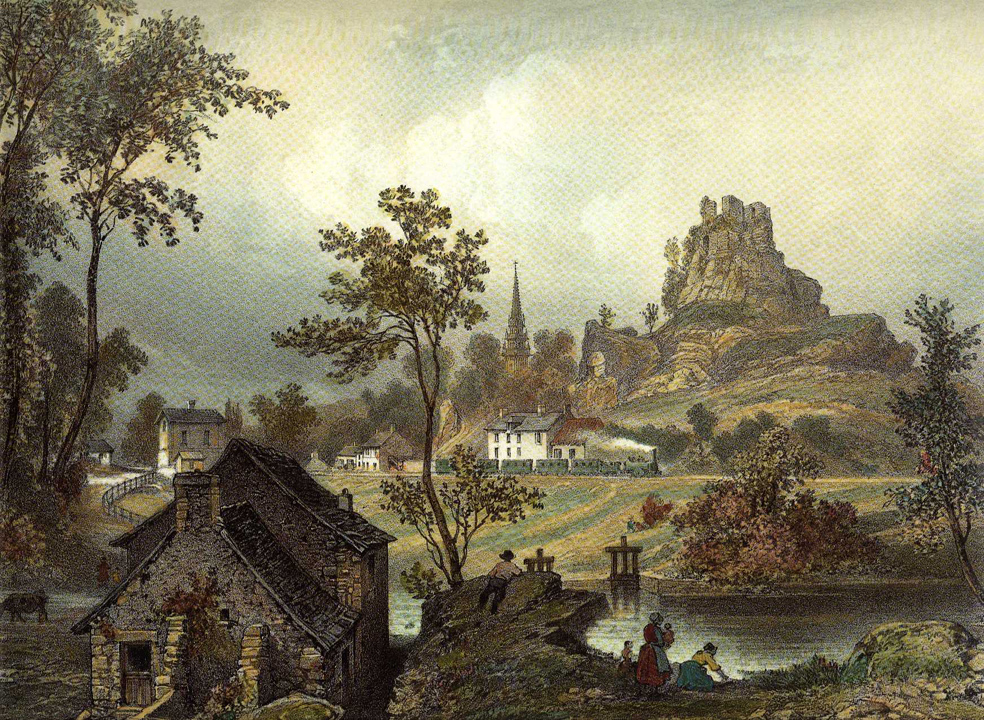 Le premier train, dessiné par Felix Benoist, au pied du château de La Roche en 1865 Felix Benoist