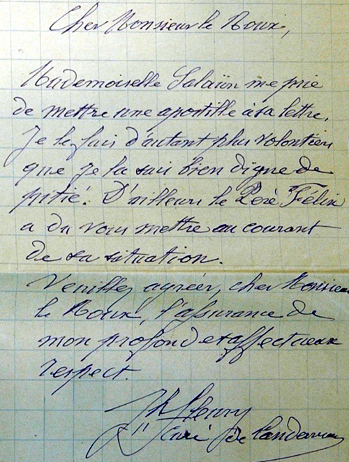 Lettre de l'abbé Fleury, curé de Landerneau