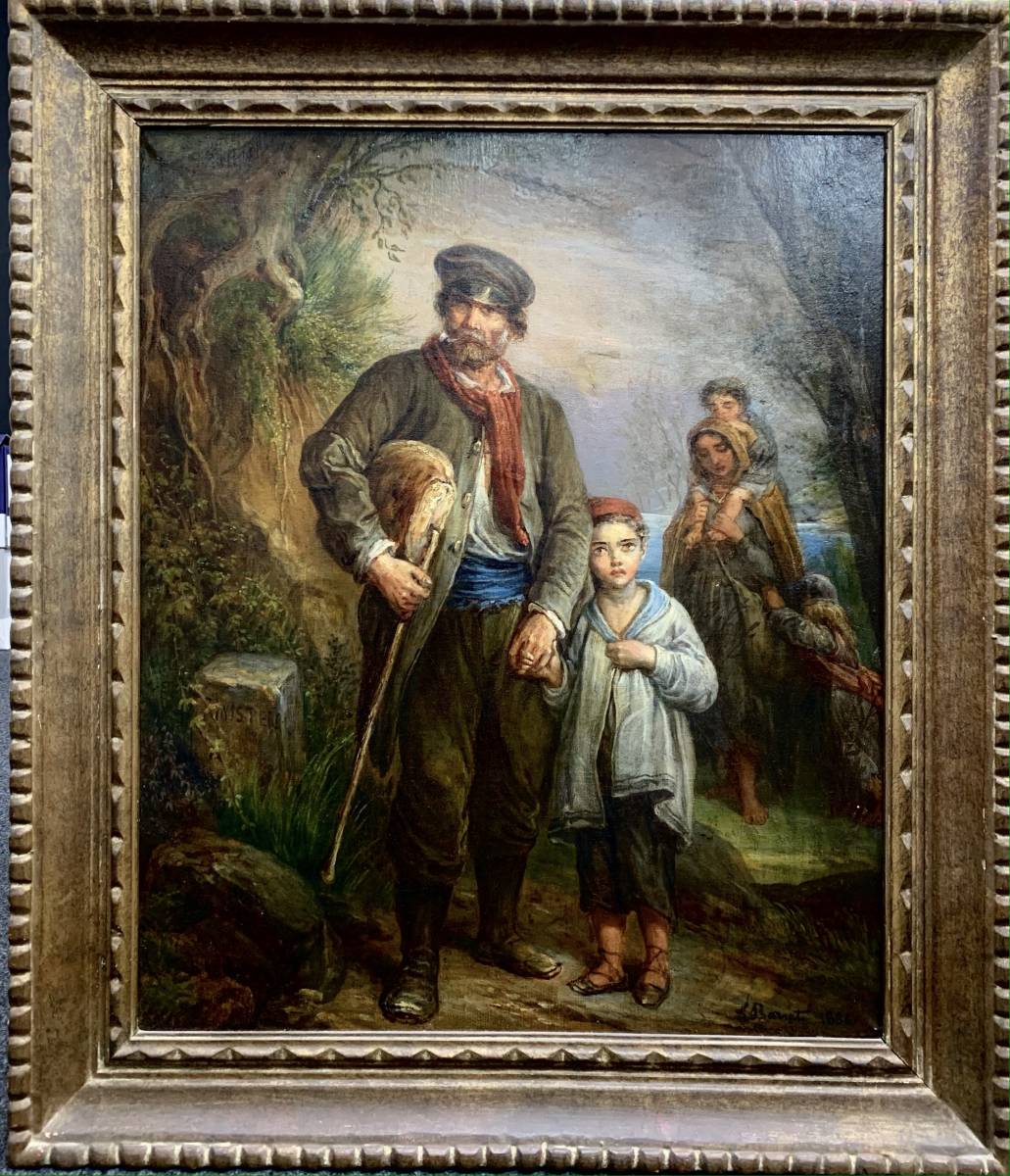 Grand Tableau HST - Famille de bretons près d'une borne sculptée Finistère 80x68 cm avec cadre 65x55 cm sans - maisonpalombo.com 1490 Eur