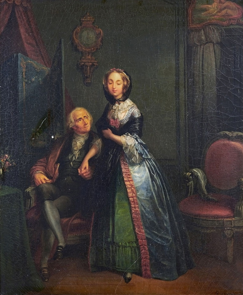 Couple dans un intérieur Huile sur toile, signée et datée 1849 en bas à droite. 65 x 54 cm