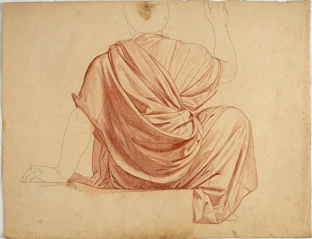 Étude de drapé pour figure masculine assise de dos