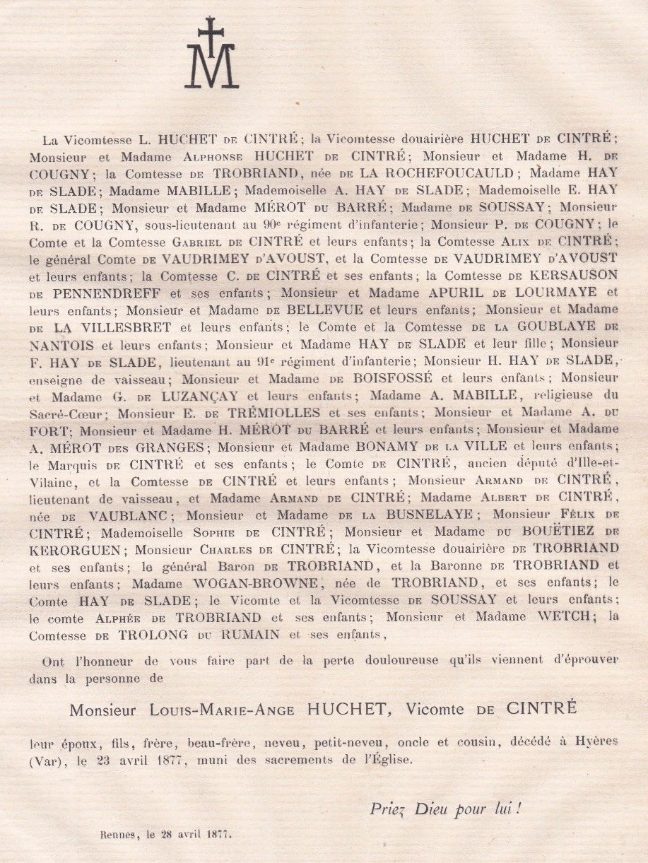 Avis de décès de Louis Marie Ange Huchet de Cintré