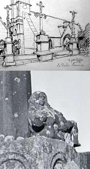 Pieta sur le calvaire : zoom sur un dessin de Yvonne Jean-Haffen et sur carte postale ancienne