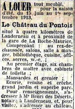 La Dépêche du jeudi 29 mai 1913 - annonce de location publiée par Yves Bernard