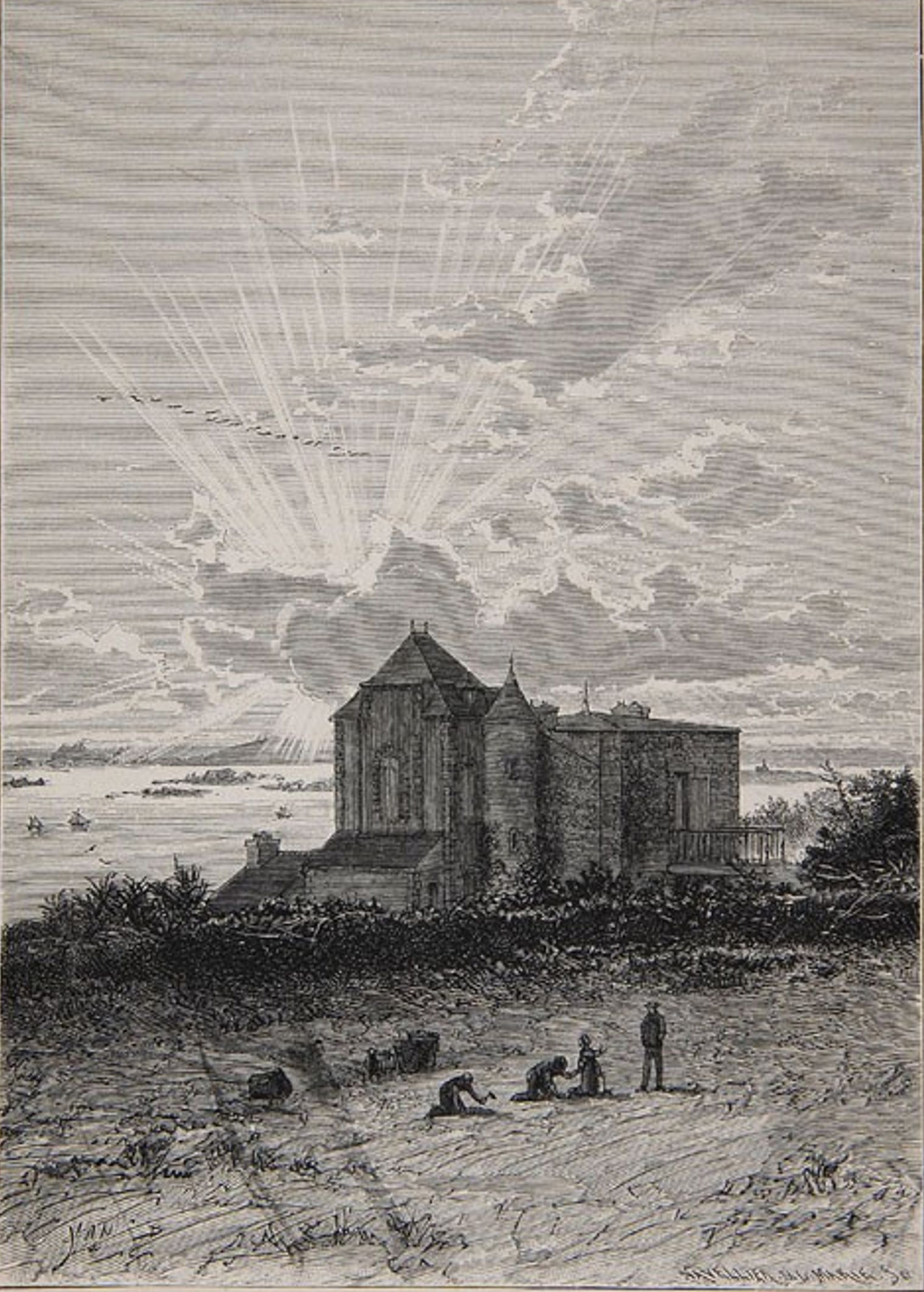 Signature Yan D - Musée départemental breton - Gravure de presse d'après un dessin de Yan' Dargent représentant sa maison : 'De son atelier, il embrassait un paysage sublime : la pointe de Primel, le château du Taureau, l'Ile-de-Batz, les Sept Iles ...'